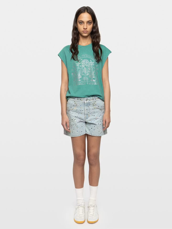 Polera Cloe Cascade Strass Turquesa